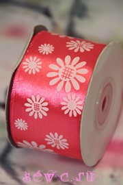 Атласная лента с цветами шир. 50 мм., цв.ярко-розовый