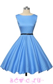 Платье стиляги голубое в белый горошек, р.XS,S,M,L,XL