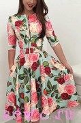 Платье с рукавом 3/4, стрейч, цвет мятный, принт цветы, р.S,M,L,XL,XXL.