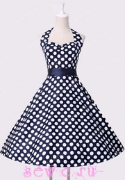 Платье в стиле стиляг   "Белый горох", цв.Темно-синий, р. XS, S, M, L
