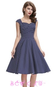 Платье стиляги темно-синее в мелкий белый горох, , р.XS,S,M,L,XL