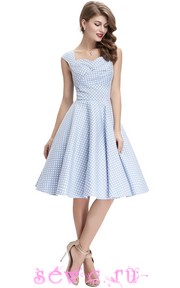 Платье стиляги  светло-голубое в мелкий белый горох, р.XS,S,M,L,XL