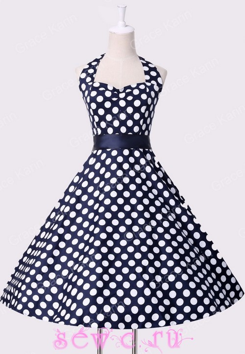 Платье в стиле стиляг "Белый горох", цв.Темно-синий, р. XS, S, M, L :: Интернет-магазин женской одежды www.sewc.ru