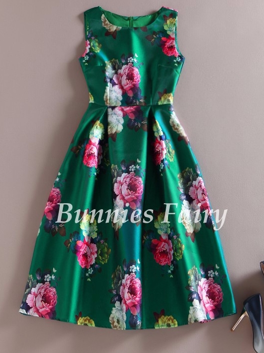 Платье ретро, цв. Зеленый с розово-белыми цветами, S, M, L