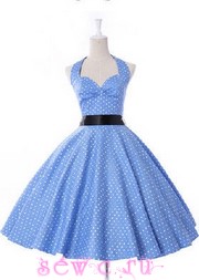 Платье в стиле стиляг  "Белый горох", цв.голубой, р. XS, S, M, L