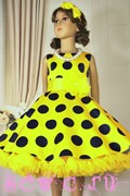 Платье стиляги в горошек из тафты, цв.желтый с желтым подъюбником. р. 128, 134, 140, 146