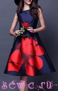 Платье ретро, цв. Темно-синий с красной розой, S, M, L